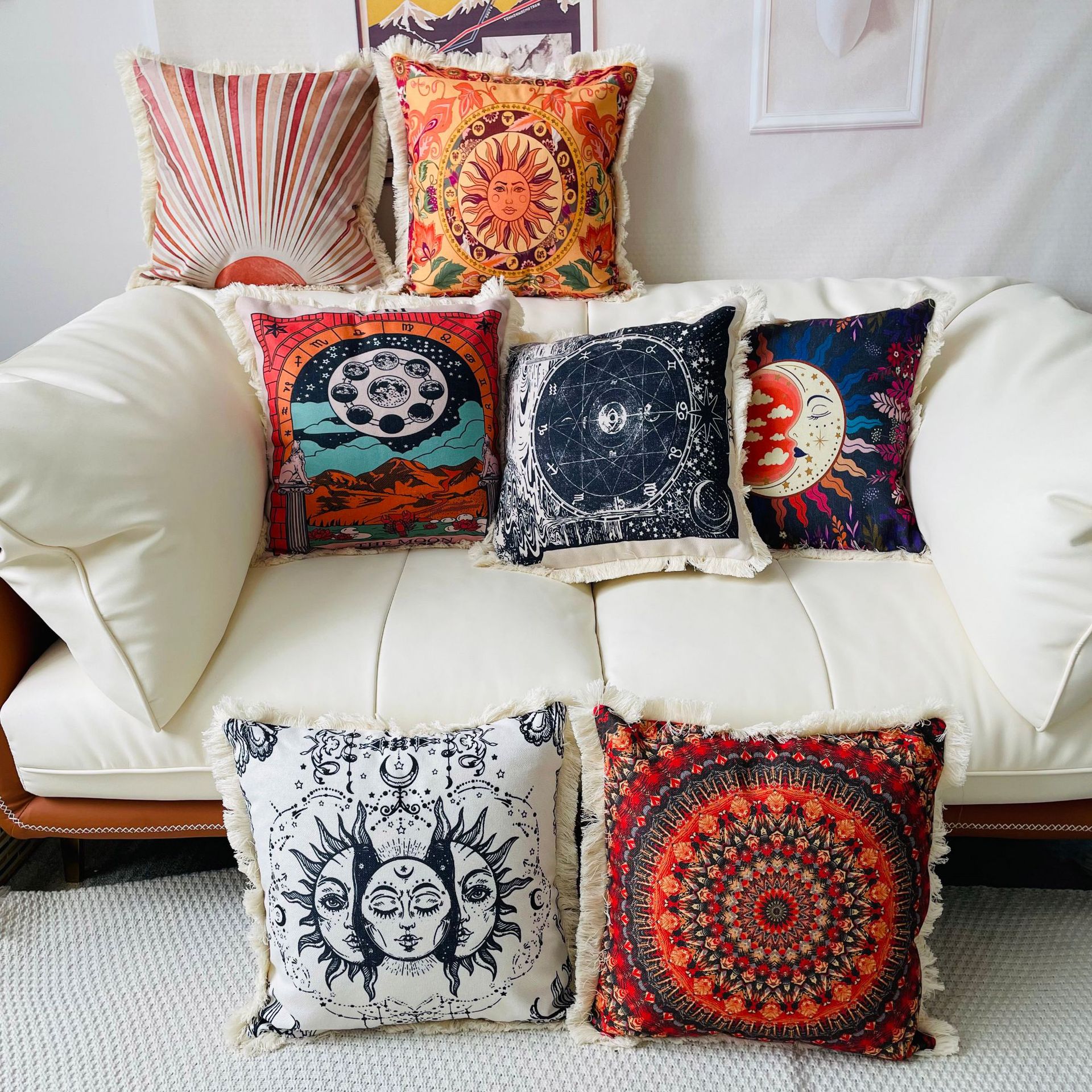 New European and American style round tassel edge decoration cotton and linen printed pillow case home decoration sofa cushion cover_voghion.com