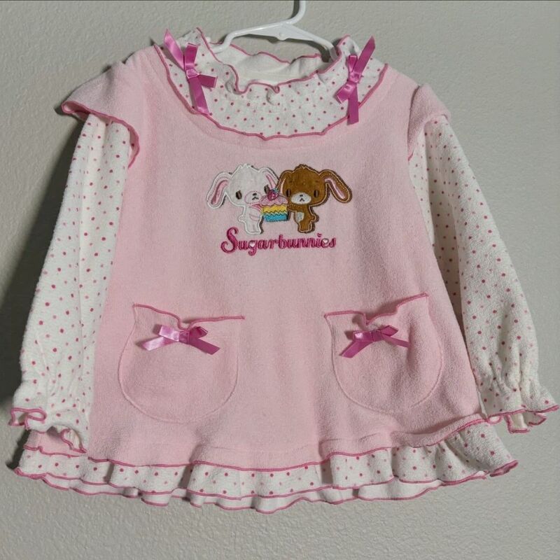 Japanese-Style Sweet and Cute Girl Outfit Dessert Rabbit Patchwork Polka Dot Faux Two-Piece Long-Sleeve T-Shirt Soft Cute Girl Top Student