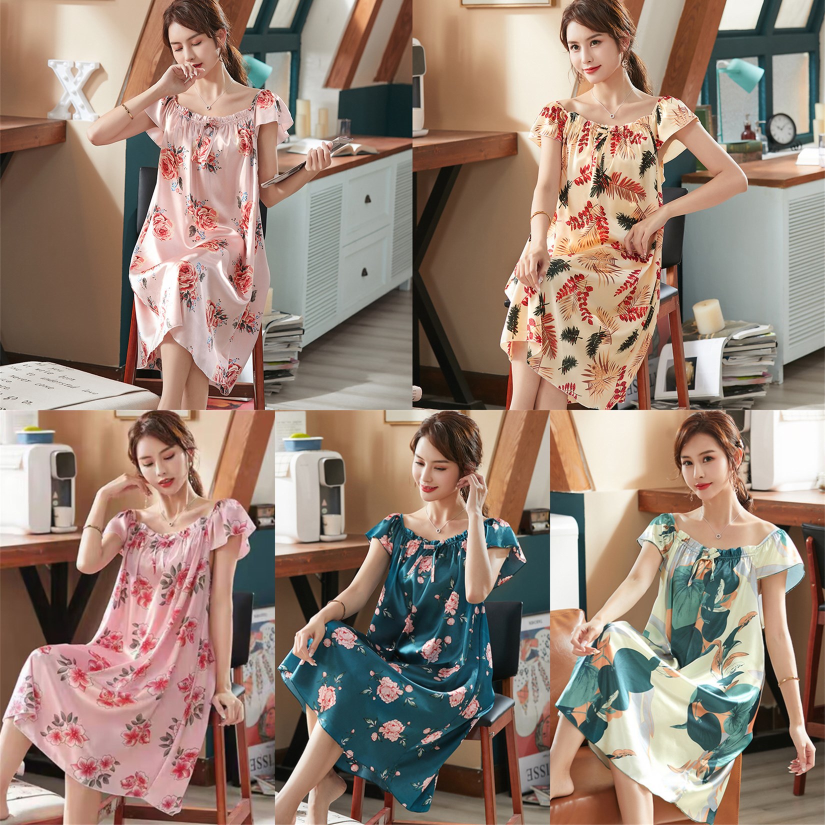 Camisón de verano las mujeres seda hielo delgada sexy floral manga corta más tamaño suelta artificial camisón inicio desgaste