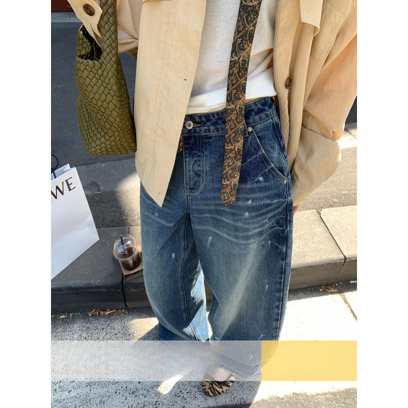 Ouyang's'Manchester' Relaxed Vibe! D-Pai Designer Heavy-Duty Washed Whiskered Denim Wide-Leg Pants