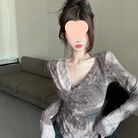 春季辣妹法式独特别致荡领一字肩上衣扎染不规则长袖恤打底衫女