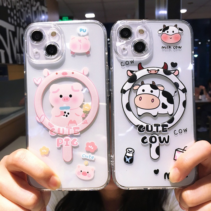 Suitable for iPhone 15 phone Apple 14 transparent cartoon couple, super cute little pig magnetic case, TPU full coverage_voghion.com