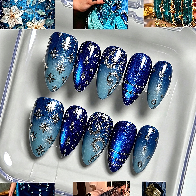 30 pieces of blue and silver gradient nail art, featuring a sophisticated, three-dimensional floral design, almond-shaped finished nail tips, and wholesale options for artificial nails 30 pieces of blue and silver gradient nail art, featuring a sophisticated, three-dimensional floral design, almond-shaped finished nail tips, and wholesale options for artificial nails