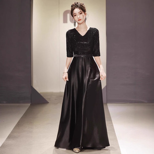 Cross-Border Wholesale Banquet Evening Dress Choir Conductor Uniform Black Sequin Evening Dress Celebrity Dress Skirt
