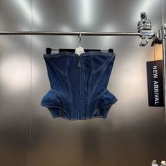减龄设计师款辣妹风拼接走线立体牛仔抹胸重工款
