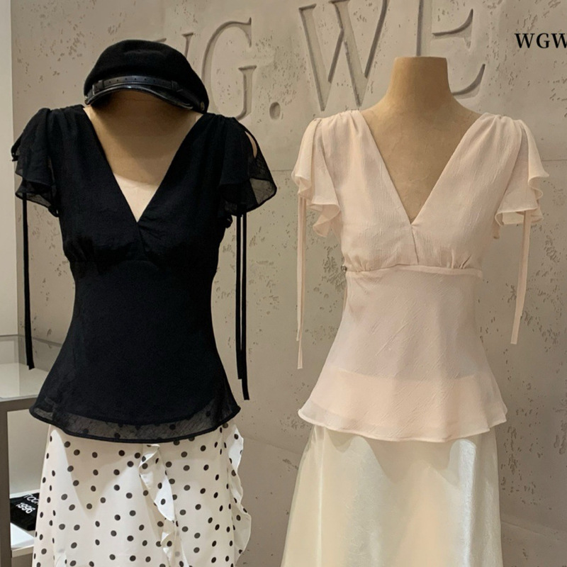Wgwe9778 Guangzhou Shisanxing Women's Clothing 2026 Summer Petite V-Neck Waist-Cinching Mesh Short-Sleeve T-Shirt Top Summer