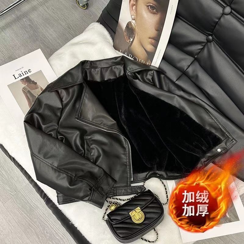 欧货翻领短款pu皮外套女加绒春秋新款高级感机车炸街小个子皮夹克|undefined
