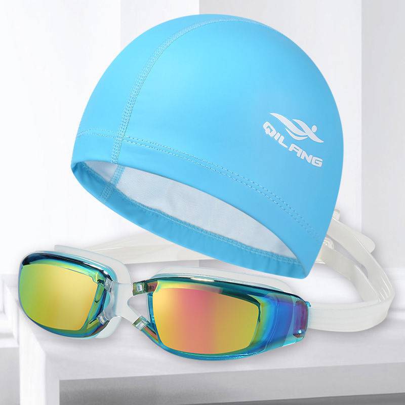 PU 수영 모자 + 수경 [레이크 블루 2 종 세트]