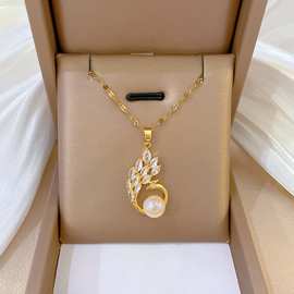 炉内真空电镀18K金微镶锆石孔雀项链仿珍珠项链高级感百搭