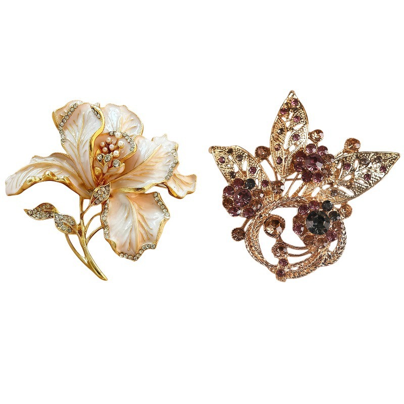 Vintage enamel floral brooch, high-end diamond-encrusted pearl flower pin, suitable for suits and outerwear, cross-border jewelry