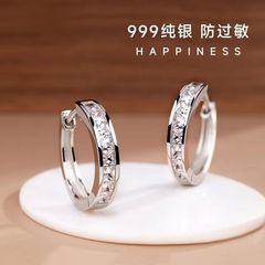 正品999纯银耳钉高档耳环莫桑钻耳饰气质小圆圈不掉色防过敏耳扣