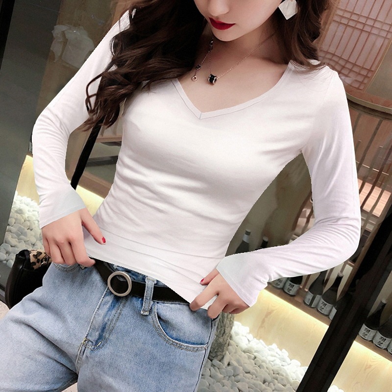春と秋の女性用Vネックボトリングシャツ、スタイリッシュな高品質の秋服、右肩スリム長袖ハートネックTシャツ、トレンディ|undefined