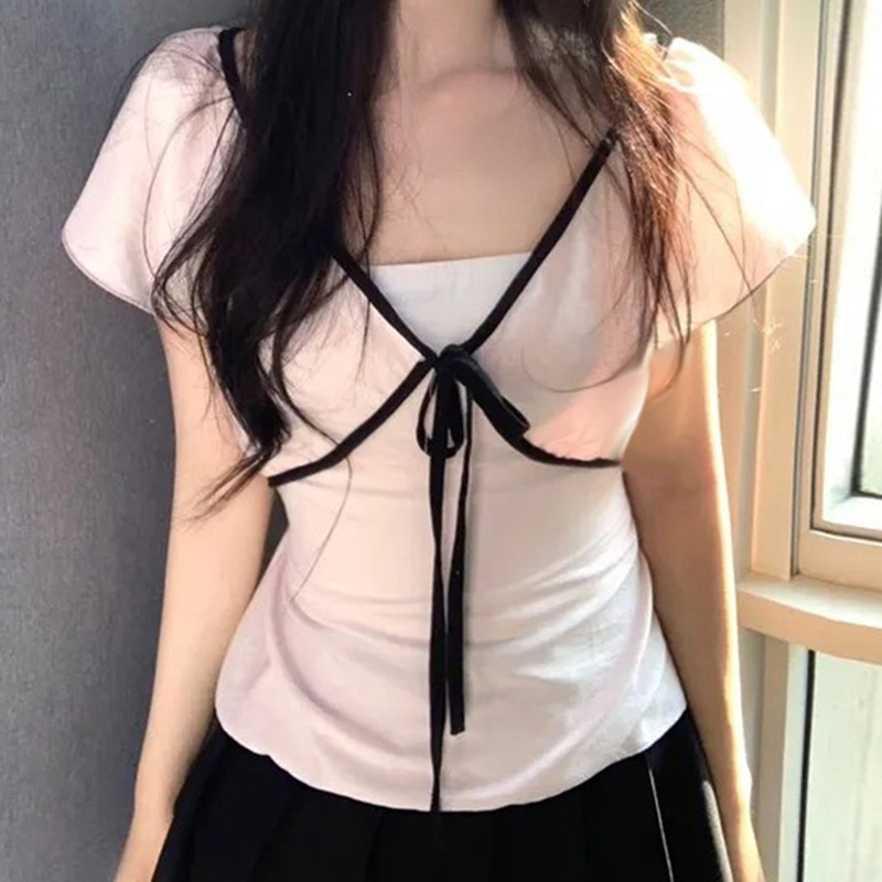 欧美小众蝴蝶结系带短袖T恤纯欲辣妹风夏季修身显瘦泡泡袖上衣女|undefined