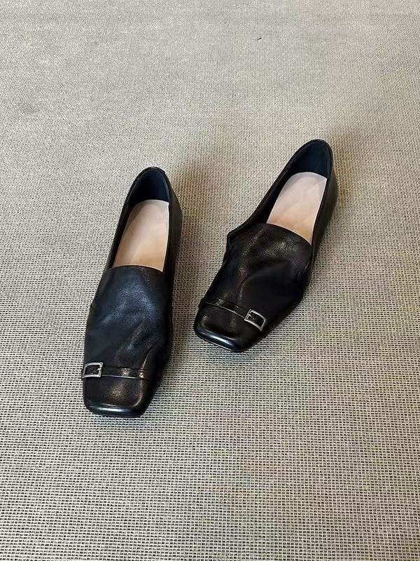 现货~复古英伦风真皮方头一脚蹬乐福鞋女设计感小众平底小皮鞋|undefined