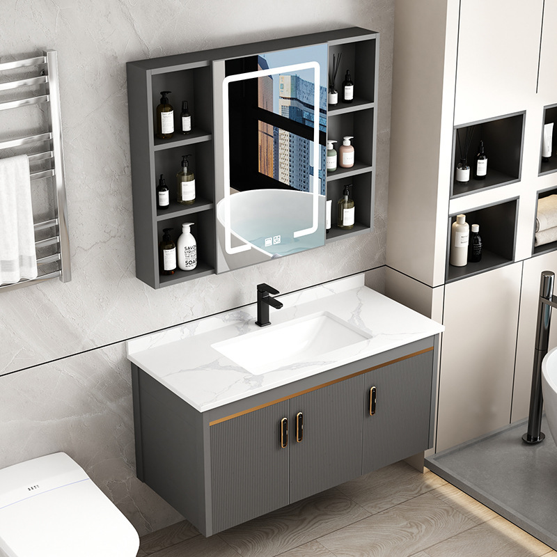 Designer Style Space Aluminum Bathroom Cabinet Ceramic Integrated Basin Wash Table Toilet Wash Basin Cabinet Combination Small Apartment