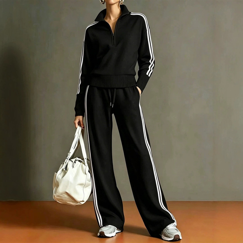 European and American cross-border women's sportswear set: half-zip, stand-up collar long-sleeve top + side-striped long pants European and American cross-border women's sportswear set: half-zip, stand-up collar long-sleeve top + side-striped long pants