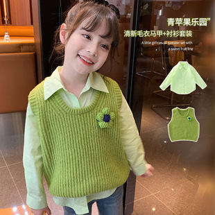 Girls' Shirt Spring 2024 New Style Girls' Korean Style Solid Color Shirt Knitted Vest Western Style Children's Internet Celebrant Top
