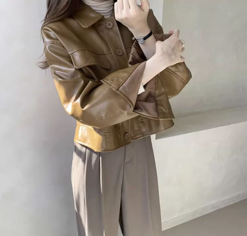 Leather Jacket Women's Spring & Fall Korean Style 2025 New Style Small High-End Short Loose Long-Sleeved Motorcycle Jacket