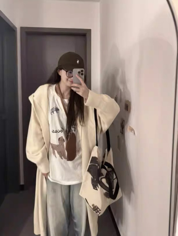 韩系慵懒风连帽长款过膝针织开衫毛衣女秋冬加厚宽松显瘦外套大衣|undefined