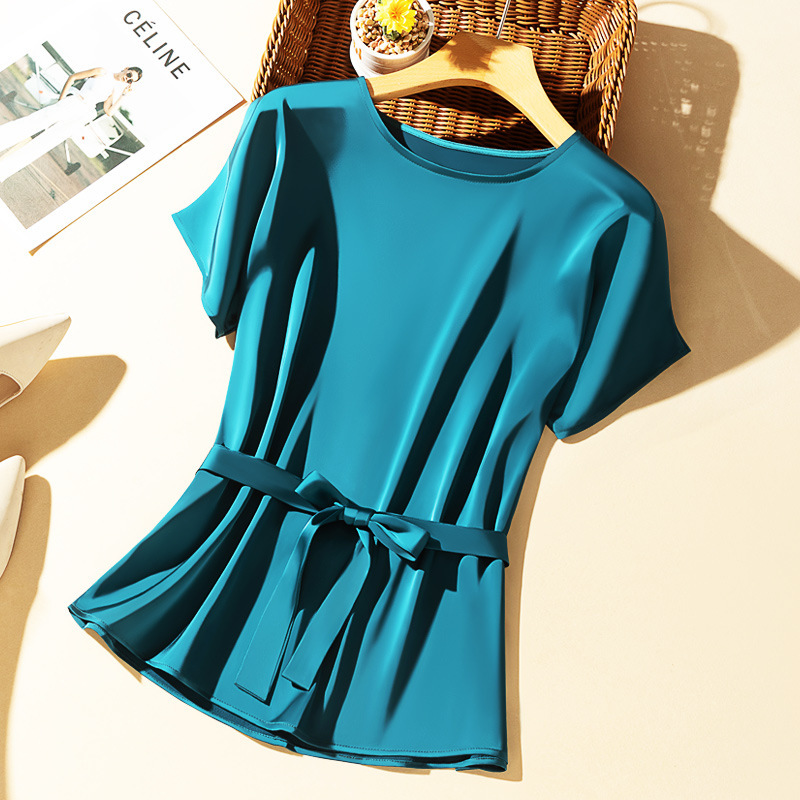 Ice Silk Acetate Satin Round Neck T-Shirt Women's Summer Thin Glossy Lace-Up Shirt Loose Silky Lo Silk Shirt