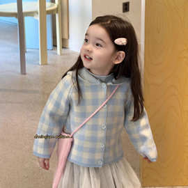 大小卷25女童连帽外套格子毛衣开衫儿童春季洋气纯毛线上衣针织