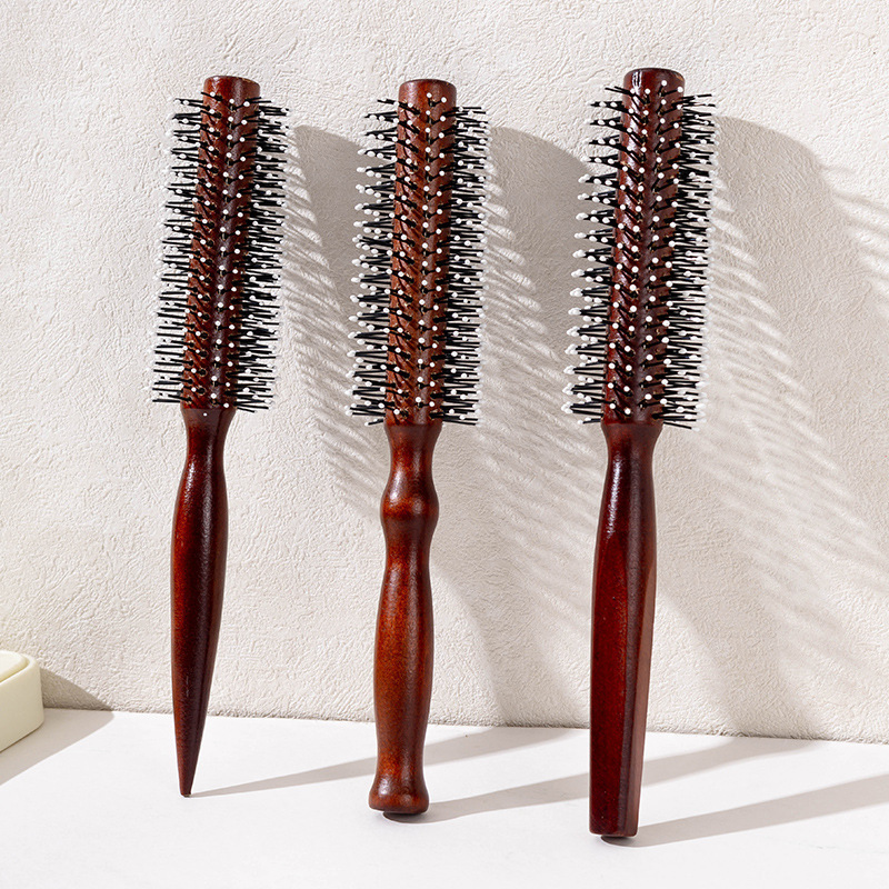 ヘアサロンプロフェッショナルカーリーロングヘアコームシリンダーインナーバックル赤茶色ナイロン歯スタイリングコームログローリングコーム髪を滑らかにします|undefined