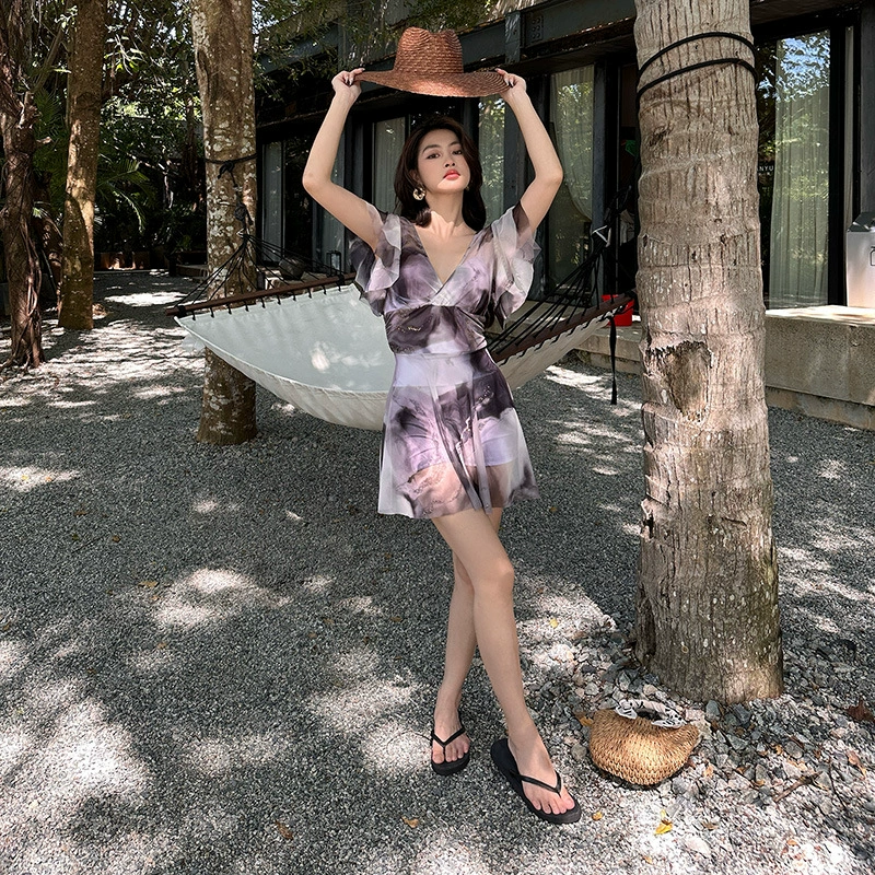 [泳衣女2025新款晕染花微胖mm200斤遮肚显瘦连体裙式聚拢露背性感]