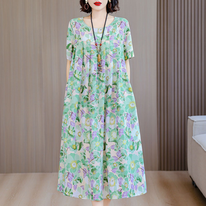 中老年大码碎花棉绸连衣裙女2025夏装新款50多岁中年妈妈气质裙子|undefined