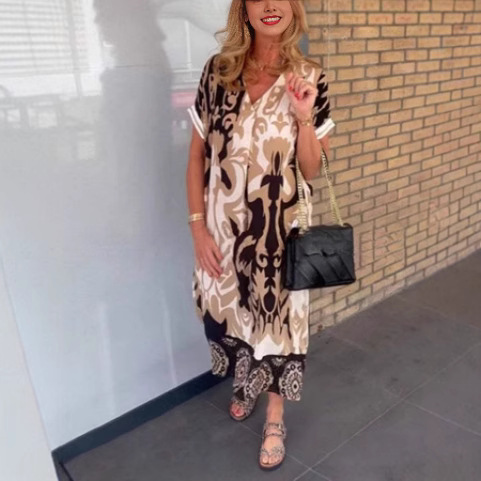 Women's Short-Sleeved V-Neck Printed Casual Dress Loose Fit Simple European And American Style Dress_ecoleips.com