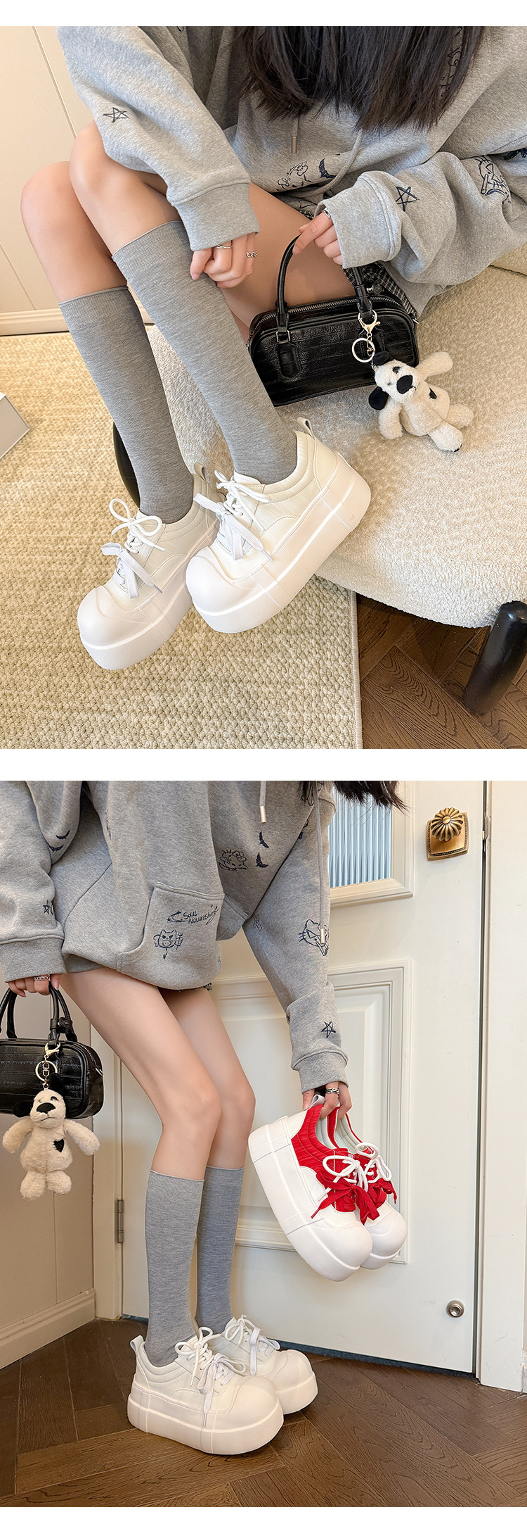 Giày sneaker nữ chunky đế dày mũi tròn phối màu dây buộc cổ sâu — màu trắng, màu đỏ chi tiết 18