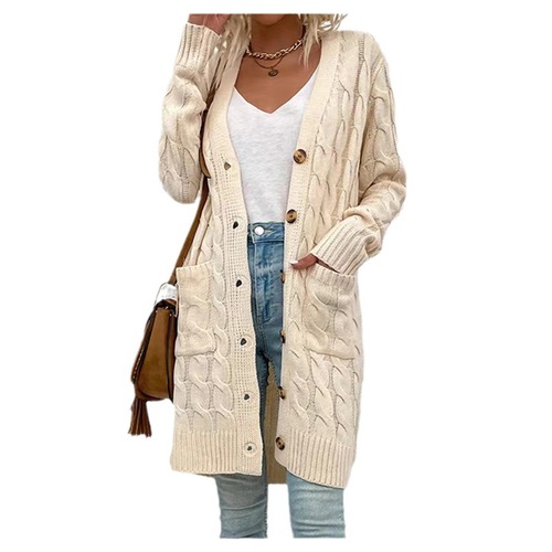 2025 European and American Foreign Trade Knitted Pocket Cardigan Autumn and Winter Long-Haired Crochet Amazon Button Cardigan Sweater Coat