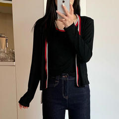 女圆领拼色针织开衫女百搭长袖外套+背心两件套 2色 批发 0.42kg
