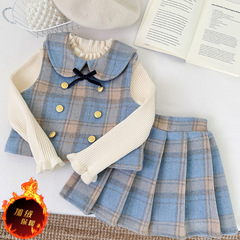 小さな女の子のカレッジスタイルの厚みのあるツーピースセット2025冬豪華なウールのチェック柄のベストとスカートのスーツトレンディ
