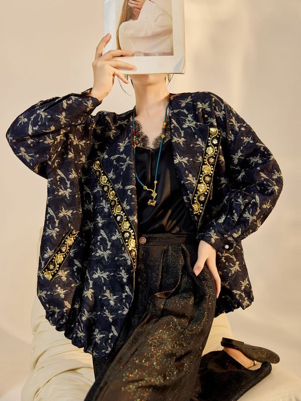秋季高端2025新款织金提花珠片开衫外套金丝中式改款棒球服 N8043|undefined