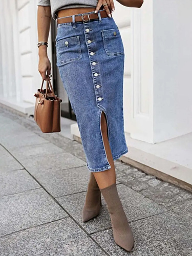 Blue Buttoned Mid-Length Western Cowboy Skirt TEMUSHEIN Independent Store Bestseller