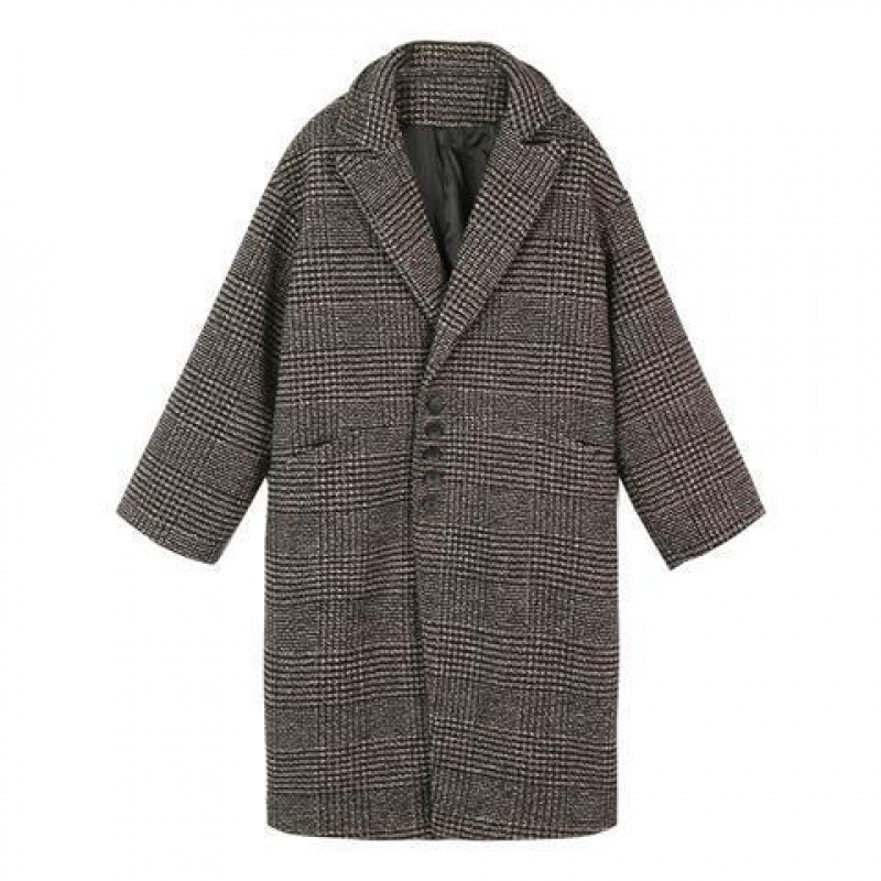 日系毛呢外套女中长款加厚风衣女生秋冬韩版宽松大码格子呢子大衣