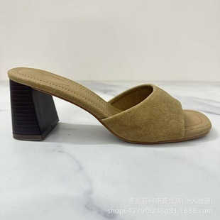 2025 New Women's Shoes French Brown Slip-On Mules for Outer Wear Fashionable Thick High Heels One-Strap Sandals