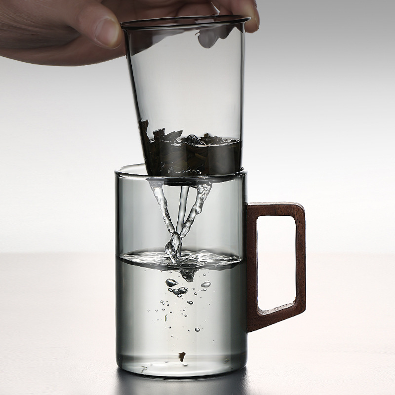 Taza de té verde de vidrio de alto silicio de silicio separación de té vista paisaje taza de agua hogar con mango de oficina taza de tres piezas resistente a altas temperaturas