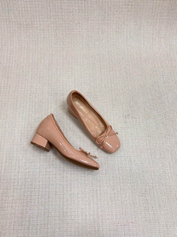 Giày cao gót nữ mũi vuông đế trong tăng chiều cao 7 cm, thắt nơ, kiểu lười hở gót, chất liệu da bò — Hàng có sẵn màu đen, Hàng có sẵn màu đỏ, Màu nude, hàng có sẵn chi tiết 5