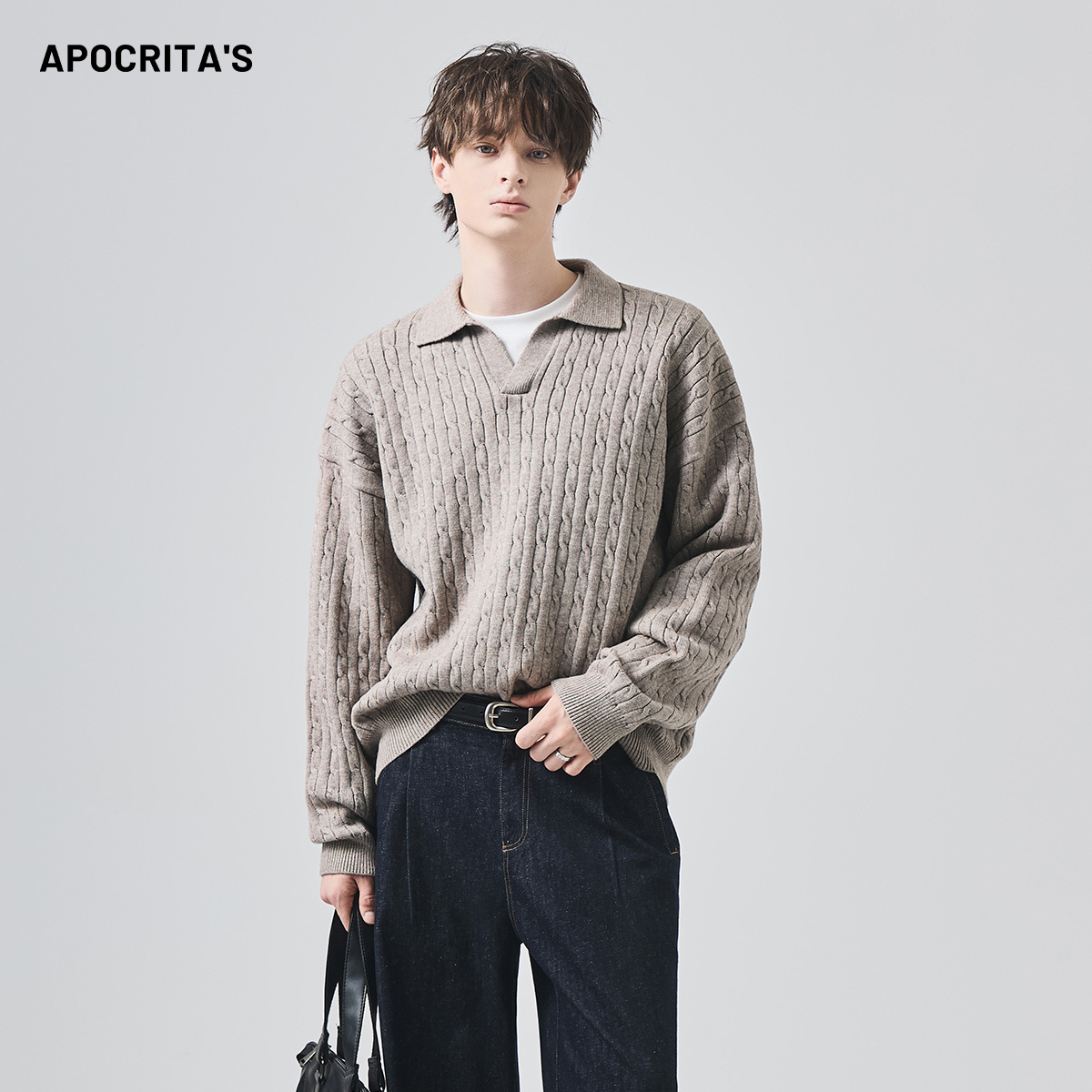 Apo Men's Clothing | Cross-Border Knitwears for Men and Women in Autumn and Winter, High-End Loose and Lazy Polo Lapel Cable Knit Knitwear Tops