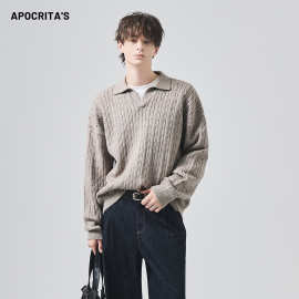 APO男装|跨境毛衣男女秋冬高级感宽松慵懒POLO翻领绞花针织衫上衣