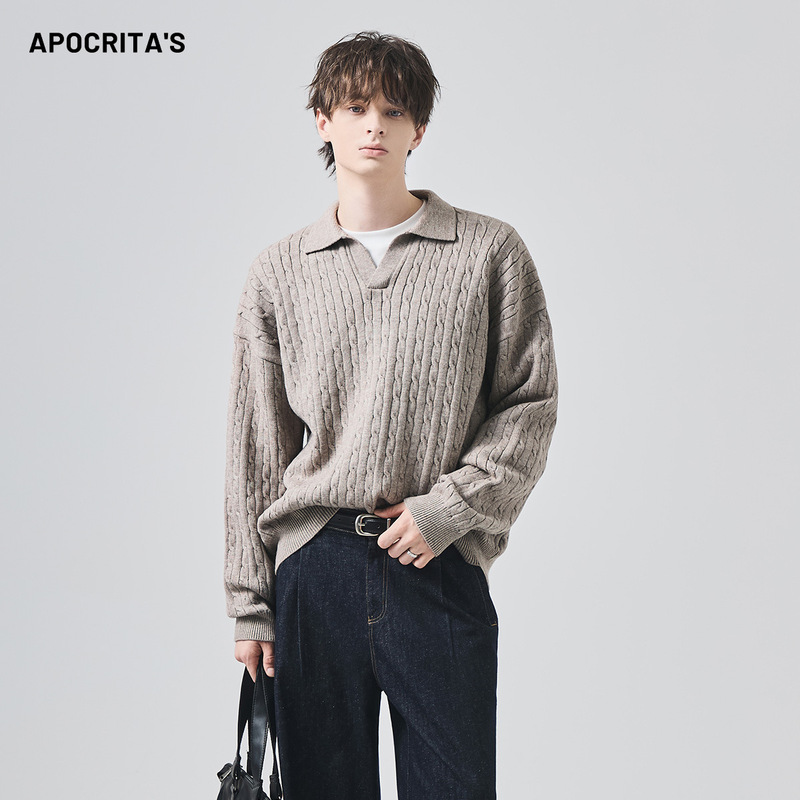 Apo Men's Clothing | Cross-Border Knitwears for Men and Women in Autumn and Winter, High-End Loose and Lazy Polo Lapel Cable Knit Knitwear Tops Apo Men's Clothing | Cross-Border Knitwears for Men and Women in Autumn and Winter, High-End Loose and Lazy Polo Lapel Cable Knit Knitwear Tops
