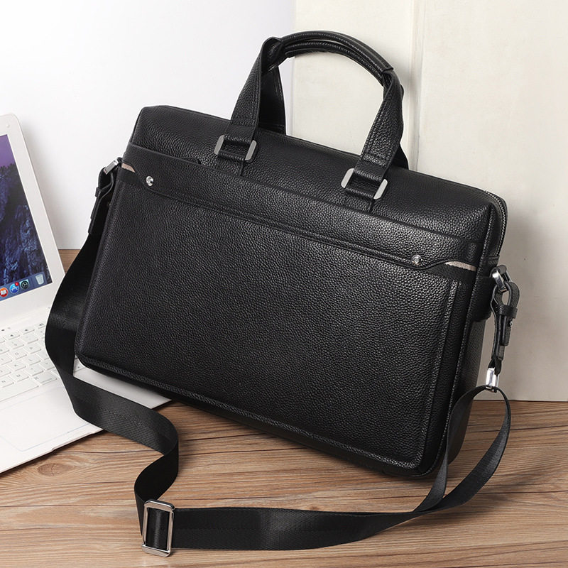 Túi xách tay nam da bò thật phong cách công sở, túi đeo chéo đựng laptop 15 inch — Màu đen