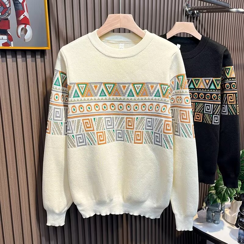 "Men's Jacquard Knit Sweater - European & American Style Thick Winter Pullover With Long Sleeves, Fashionable Textured Design_viptrois.com
