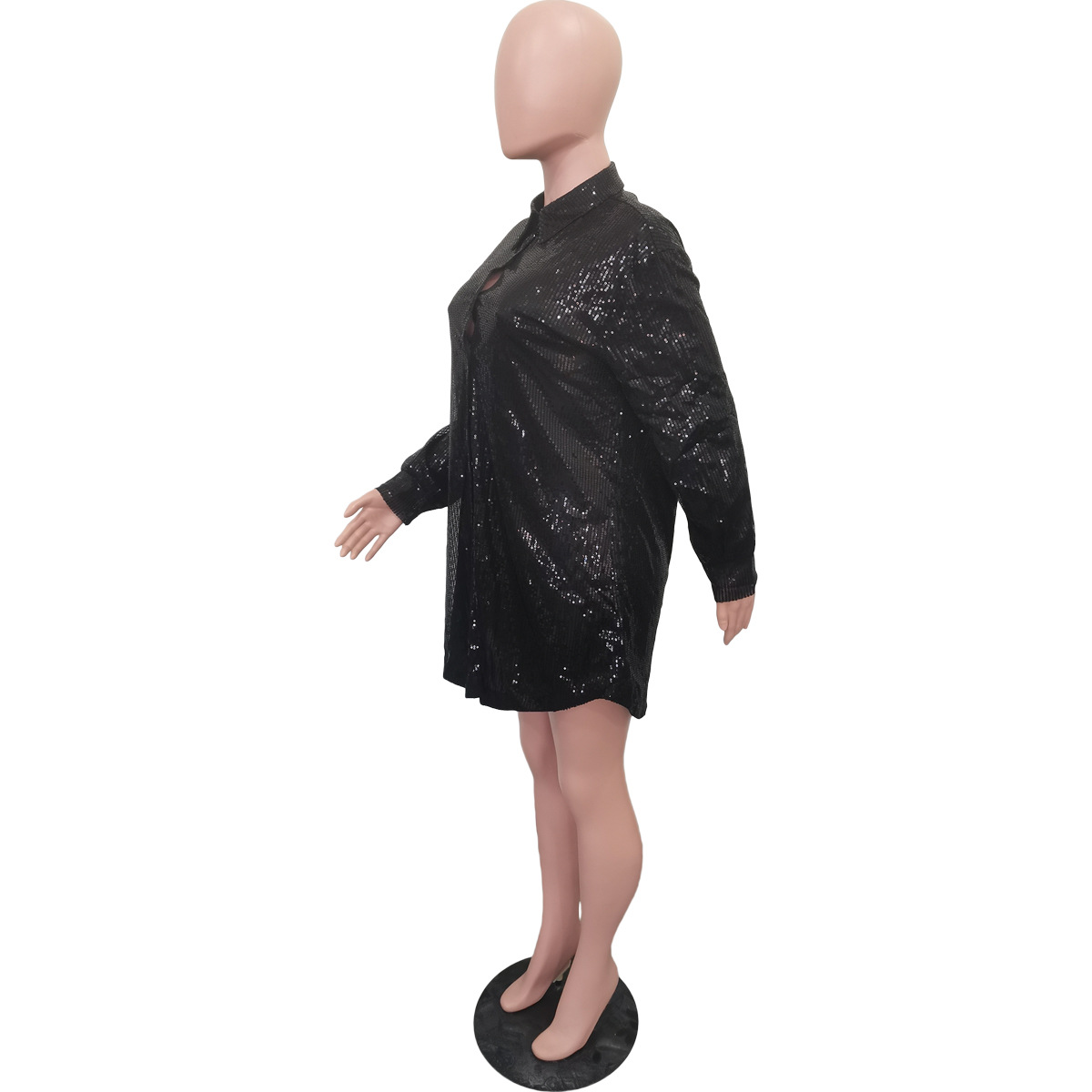 Women Clothing Solid Color Sequ Loose Shirt Dress