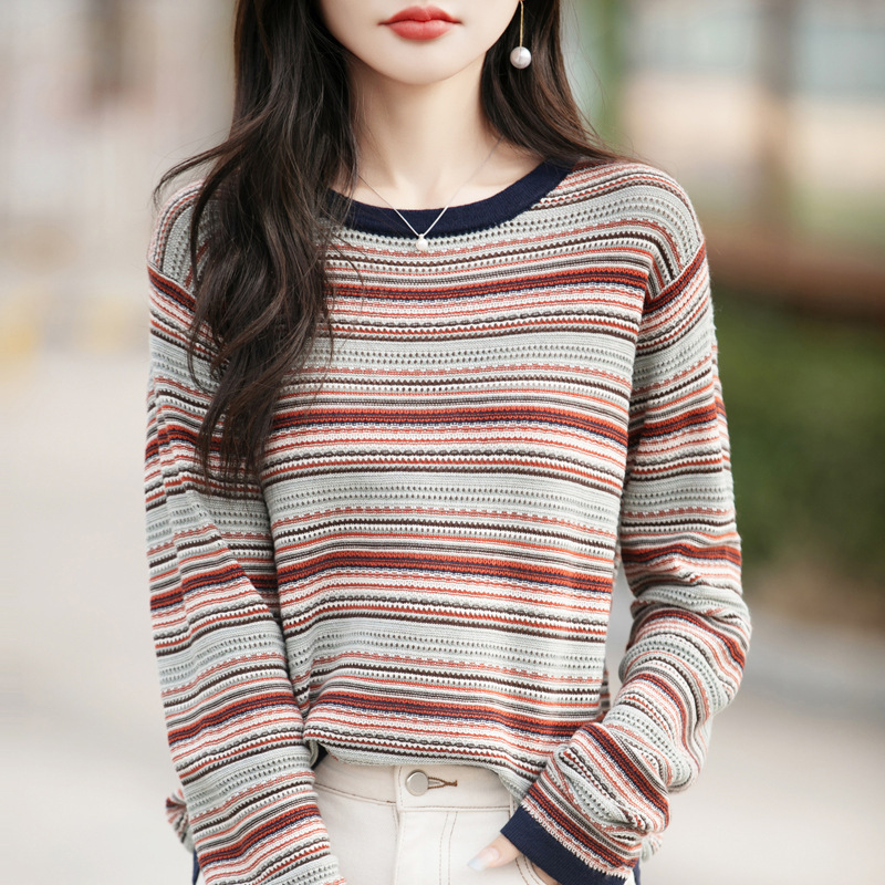 100 Pure Cotton Thread Knitted Retro Stripesd Jacquard Bottoming Shirt for Women 2025 New Design Top Sweater