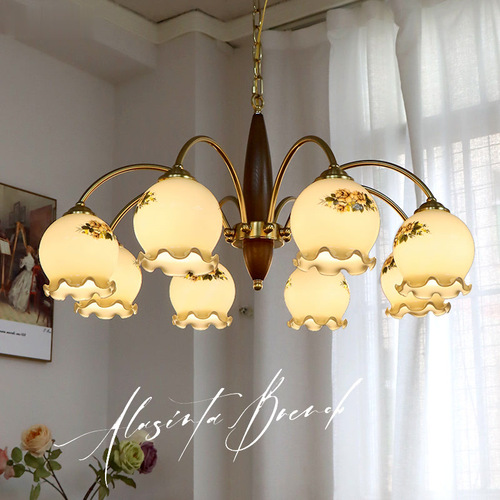 Chinese antique living room chandelier creative solid wood dining room bedroom lamp Japanese retro American-style guesthouse copper-colored floral glass lamp