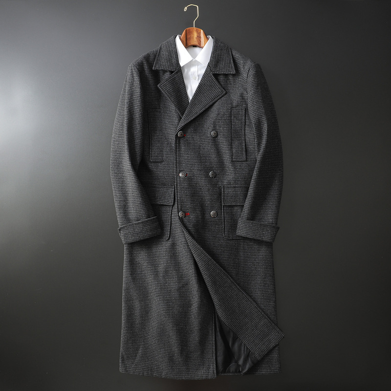 Autumn and Winter Polo Coat Men's British Double-Breasted Extra Long Windbreaker Woolen Lapel Herringbone Tweed Jacket