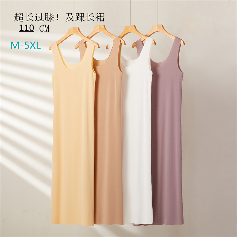 Verano fresco tela de cuello en U chaleco vestido de seda de hielo sin costuras alargado más tamaño gordito chica bottoming camisón sexy