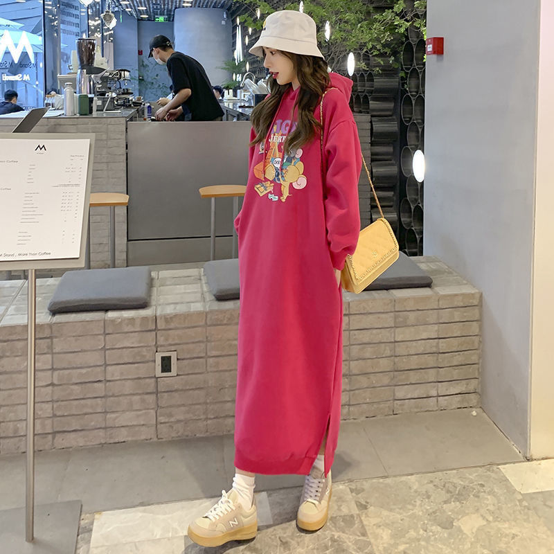 秋冬季新款2-300斤胖MM开衫连帽风衣女宽松加绒过膝连衣裙外套潮|undefined